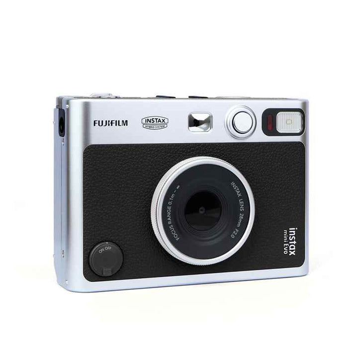 FUJIFILM Instax Mini Evo digital camera with immediate printing, black and silver design.