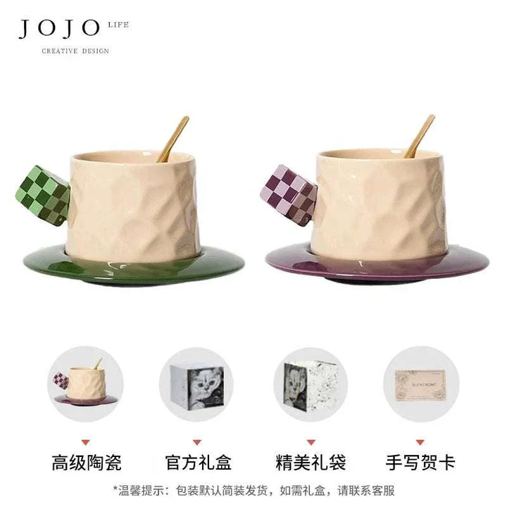 فنجان قهوة JOJO بتصميم مكعب روبيك سيراميك فاخر مع طبق ملون ومقبض مربع مشطرنجي