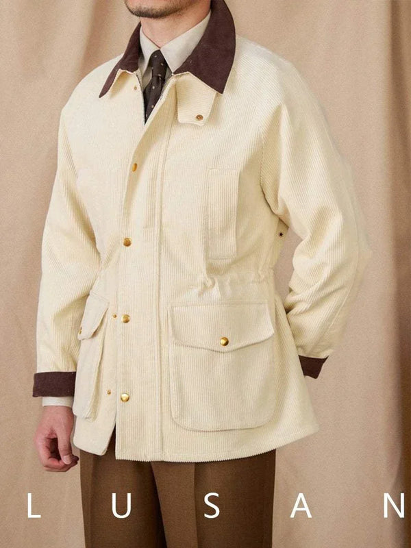 Mr. Lusan Italian gentleman pure cotton cream corduroy jacket with dark brown collar and cuffs and copper buttons