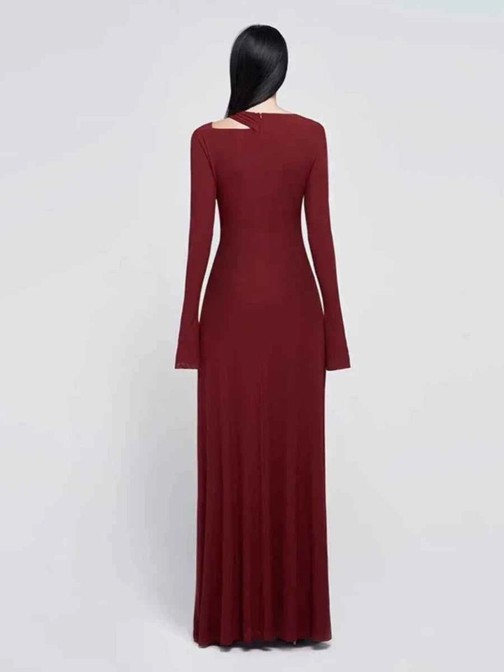maroon long sleeve evening maxi dress with back cutout and sleek fit