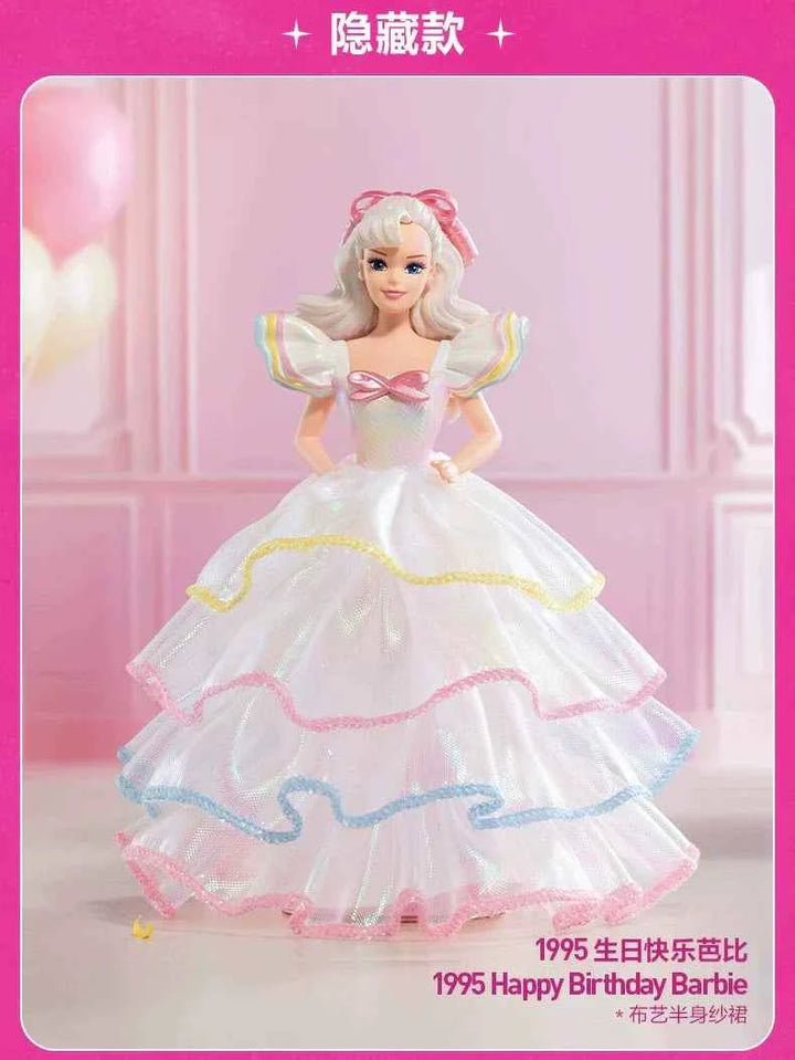 Barbie Fashion Series Happy Birthday Barbie figurine in elegant white ruffled gown.