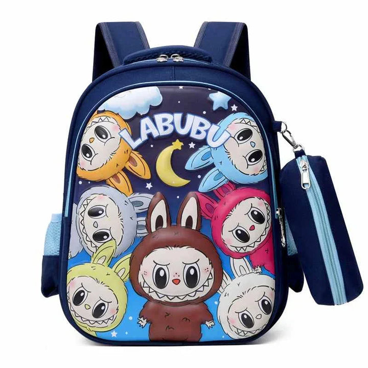 Blue LABUBU cartoon backpack with multiple character designs, lightweight and spacious with padded shoulder straps and a matching pencil case.