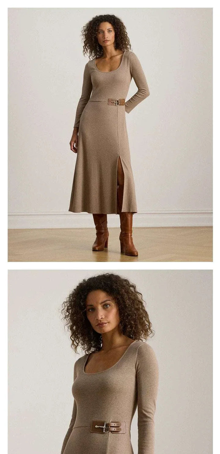 فستان Lauren Dress بيج محبوك بأكمام طويلة وحزام جلدي بني مع إبزيم معدني وشق جانبي أنيق