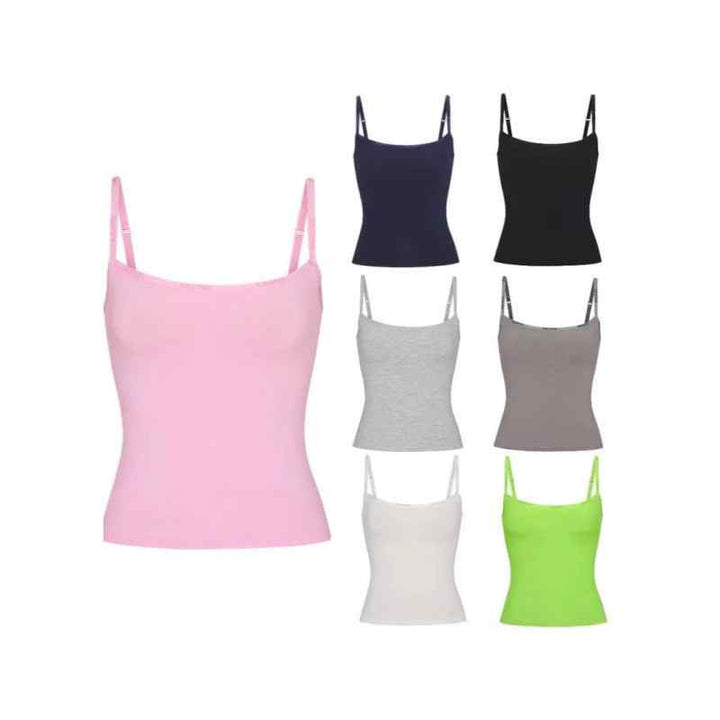 Set of SKIMS Essential Cami Tops with thin straps in various colors including pink, black, navy, gray, beige, taupe, and green.