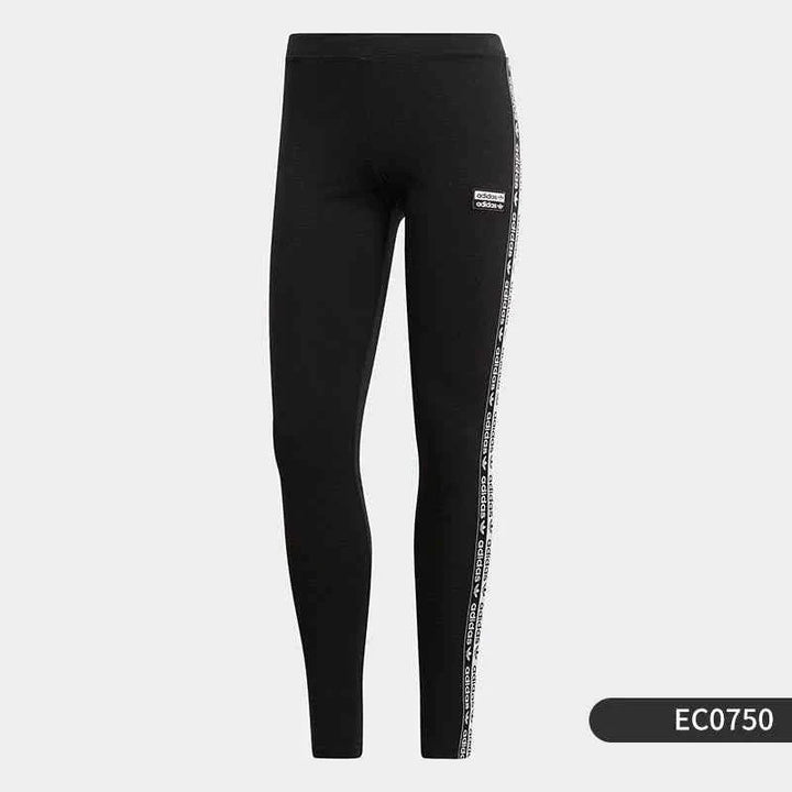 Black Adidas leggings with classic three side stripes and logo patch, slim fit, stretchy and comfortable for sports and daily wear.