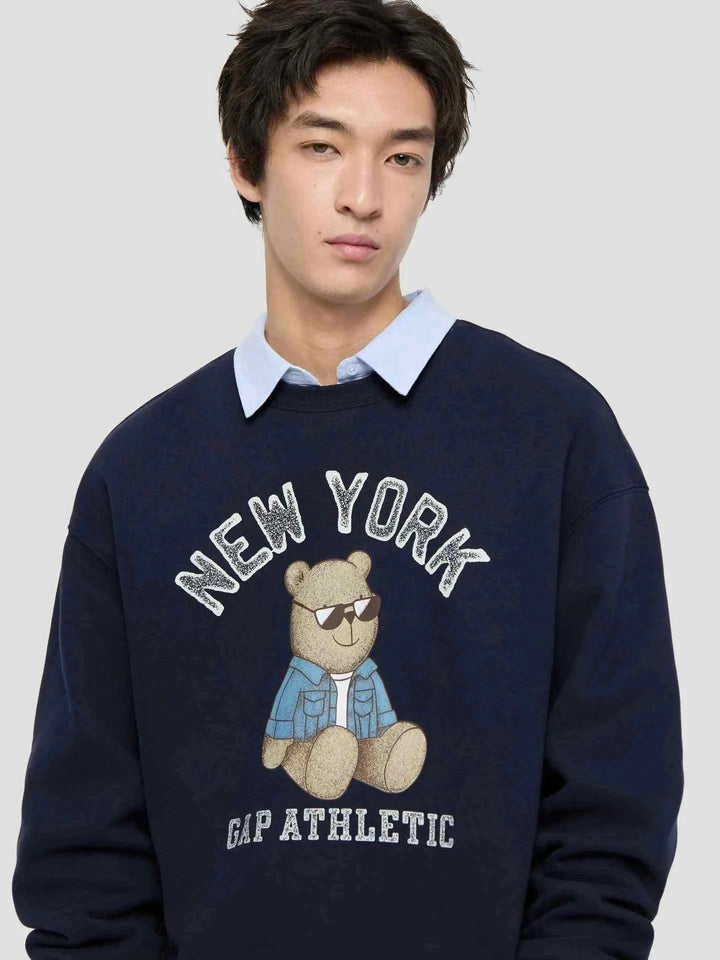 رجالي ونسائي Gap Sweatshirt كاجوال بفتحة ياقة قميص وقصة مريحة مع طبعة دب نيويورك باللون الأزرق الداكن
