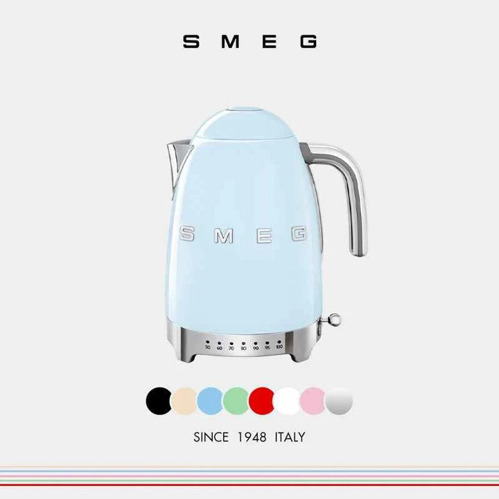SMEG KLF04 Retro electric kettle in light blue with 1.7L capacity, 2400W power, stainless steel body, 7 temperature settings, and 360° swivel base.