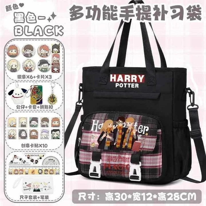 Harry Potter themed black school backpack with cartoon character design, multiple compartments, and included 27-piece accessory set