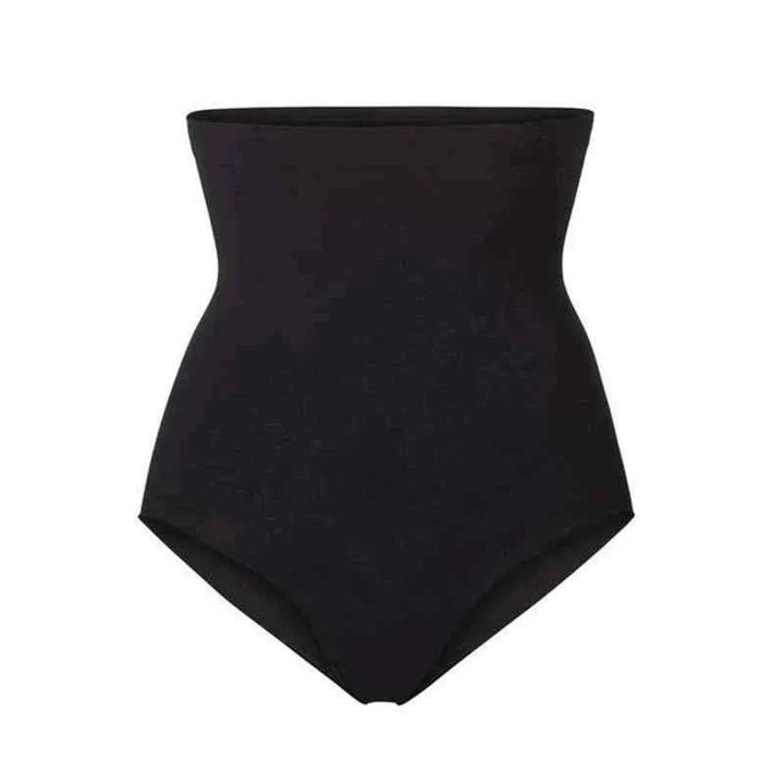 Black high-waist body shaper made of stretchy, seamless fabric for smooth slimming and daily comfort