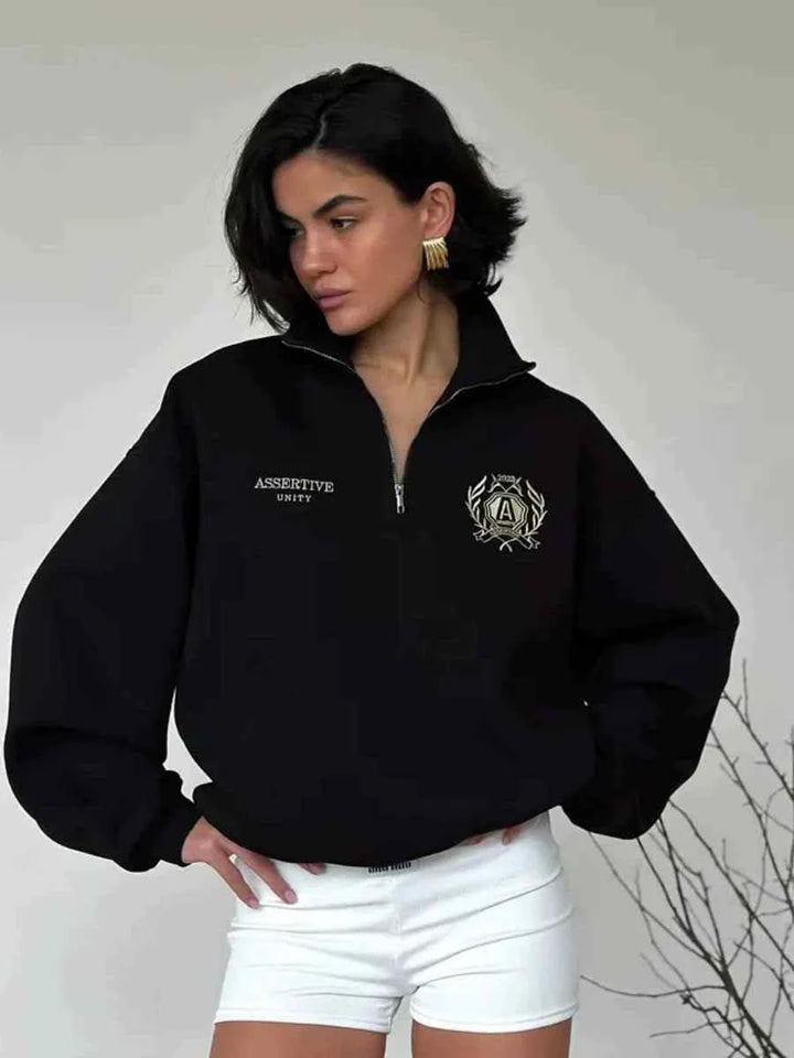 سويت شيرت فضفاض بنصف سحاب وياقة مطبوع بالطراز الأوروبي والأمريكي