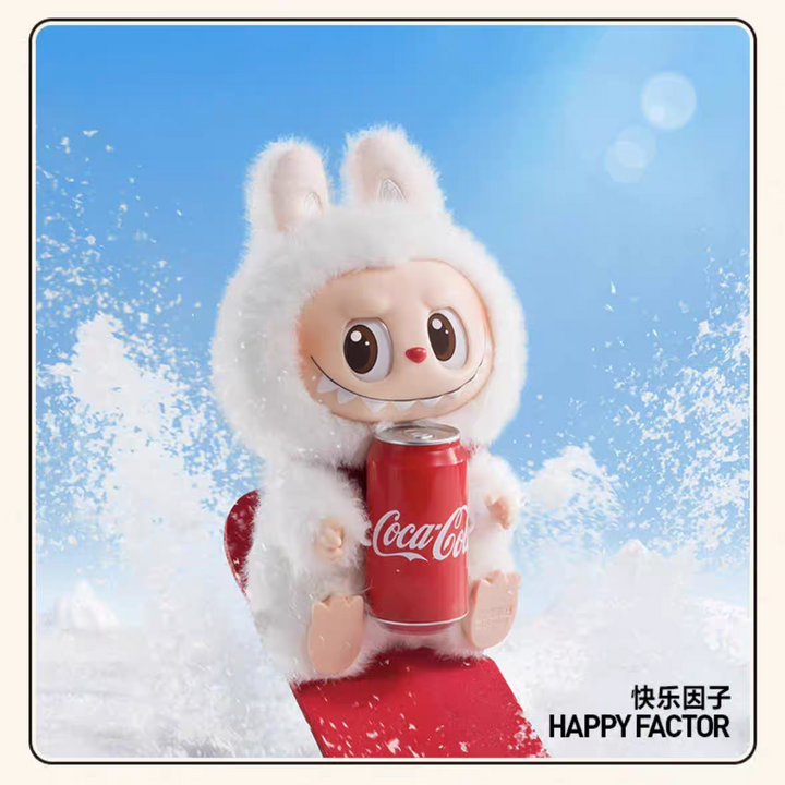 The Monsters - Coca-Cola Series "Happy Factor" vinyl figure in a white furry rabbit costume holding a Coca-Cola can.