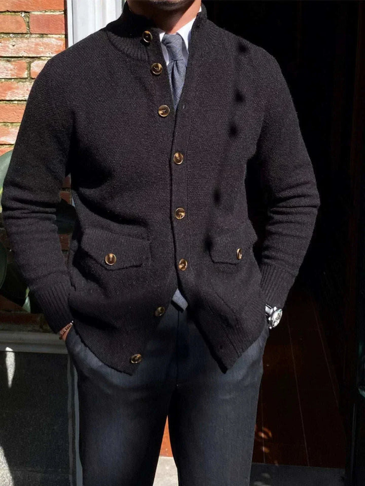 Mr. Lu San cardigan black button-up with ribbed sleeves and front pockets, classic British style men's knitwear