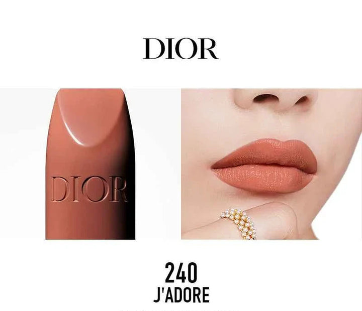 Classic Rouge Dior lipstick in shade 240 J'Adore showcasing smooth, elegant nude lips with Dior logo embossed on the lipstick.