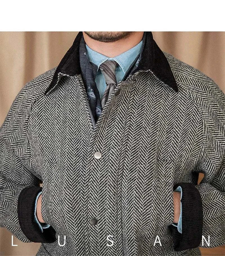 Mr. Lusan 100% wool جاكيت رجالي بنقشة هيرنغبون رمادية وسوداء وياقة مخملية سوداء أنيقة