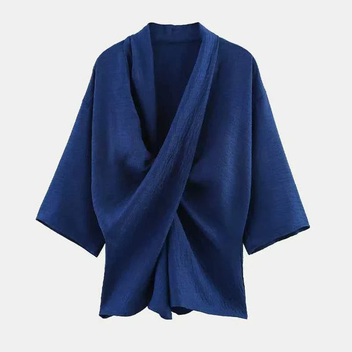 Blue linen pleated shirt for women's clothing for summer 2025 European and American style