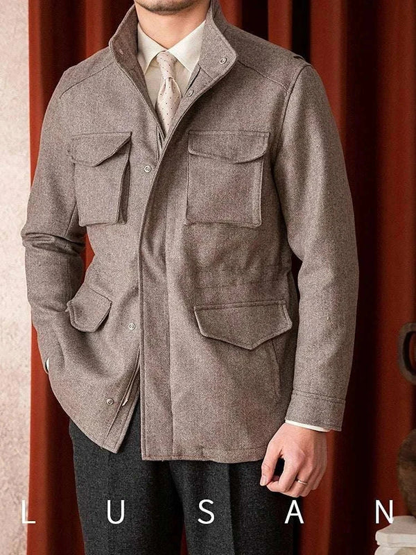 Mr. Lusan جاكيت 10 Italian Gentleman jacket beige herringbone fabric with high collar and front pockets