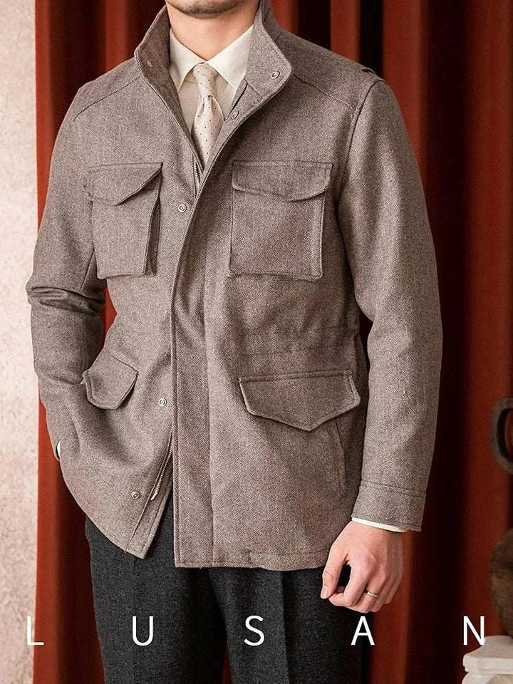 Mr. Lusan جاكيت 10 Italian Gentleman jacket beige herringbone fabric with high collar and front pockets