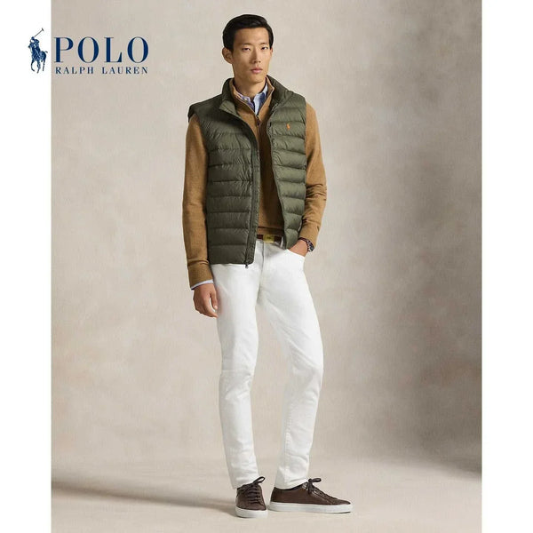 رالف لورين سترة بدون أكمام بلون زيتوني متين مع شعار برتقالي تصميم مبطن خفيف مقاوم للرياح مصنوع للسفر والعمل اليومي