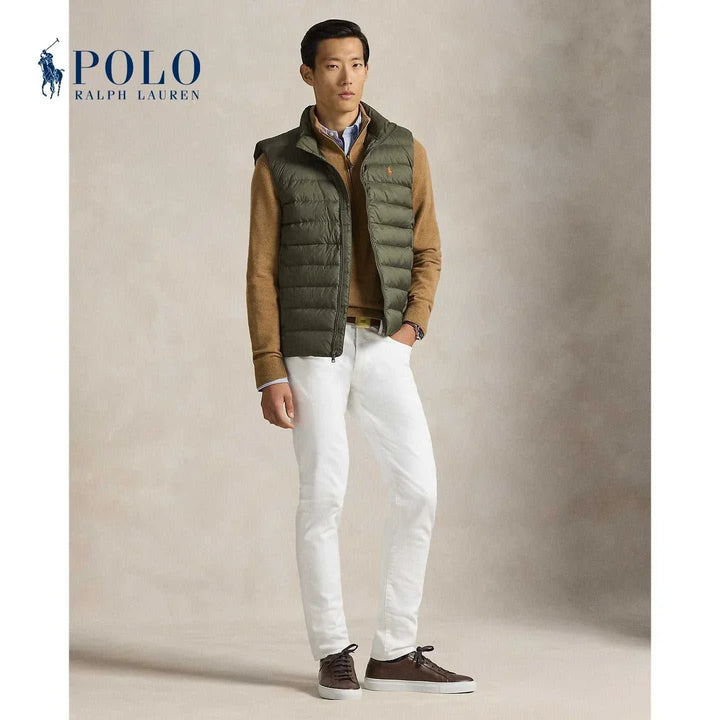 رالف لورين سترة بدون أكمام بلون زيتوني متين مع شعار برتقالي تصميم مبطن خفيف مقاوم للرياح مصنوع للسفر والعمل اليومي