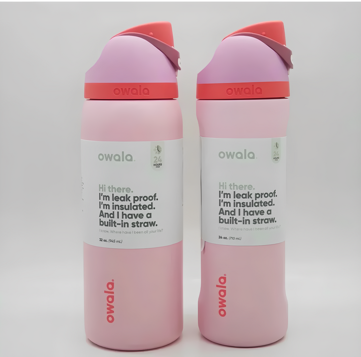Pink Owala FreeSip Cute Edition water bottles with leak-proof design and built-in straw for insulated drinks up to 24 hours