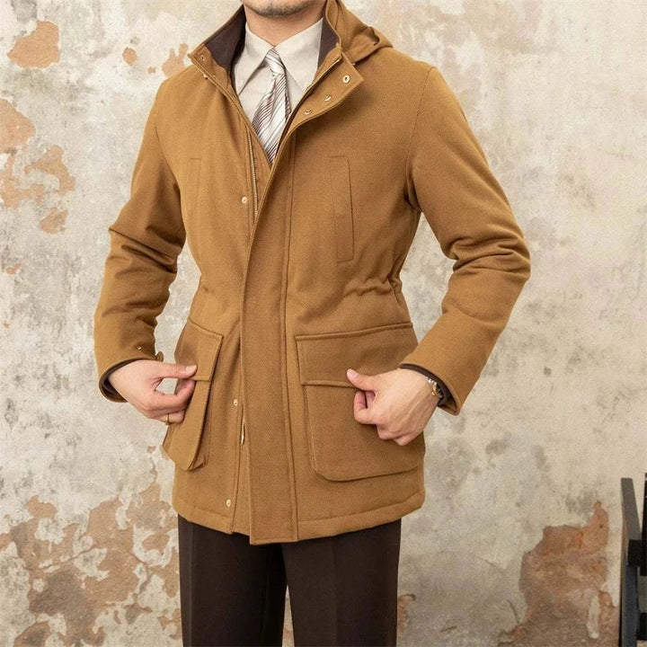 Mr. Lusan Jacket camel brown warm hooded men's coat with front pockets and adjustable waist
