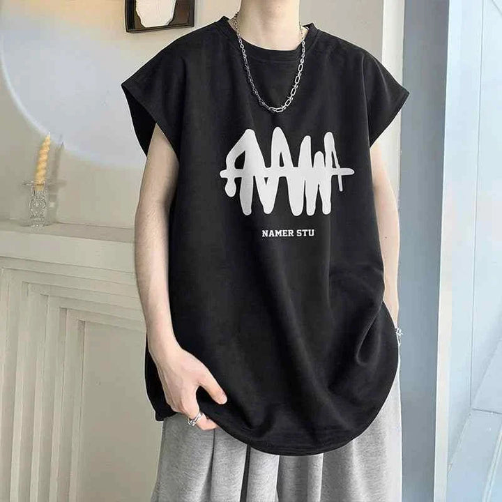 Black sleeveless SAUVIBCLUB T-shirt with bold white graphic print and relaxed fit