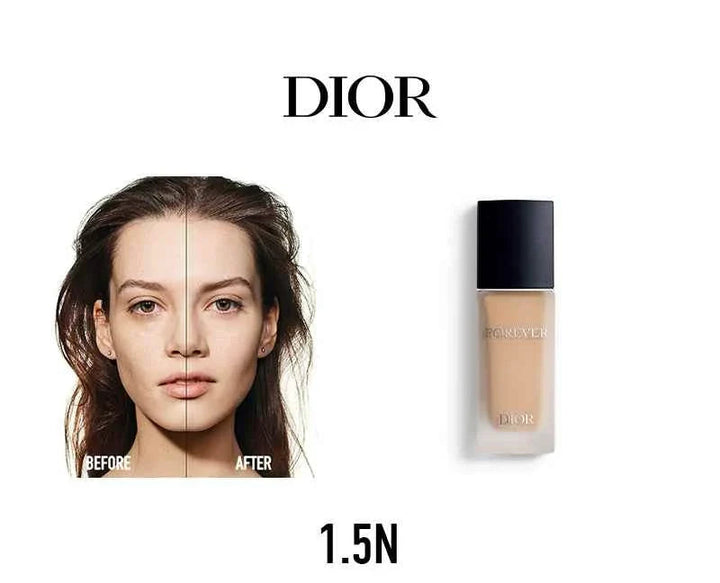 Dior Forever Foundation luxury set showing before and after skin coverage with natural radiant finish in shade 1.5N