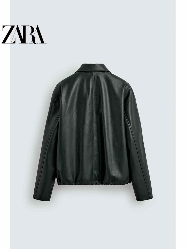 جاكيت رجالي من ZARA2025 خريف بتأثير الجلد وجيوب فضفاضة باللون الأسود