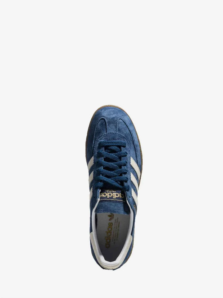 Top view of Adidas Spezial Clover men's and women's low-top navy blue sneakers with white stripes and gold logo