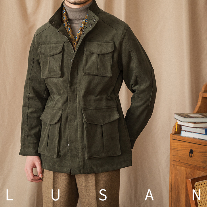 Mr. Lusan hunting jacket in olive green with multiple pockets and durable fabric for outdoor and formal wear