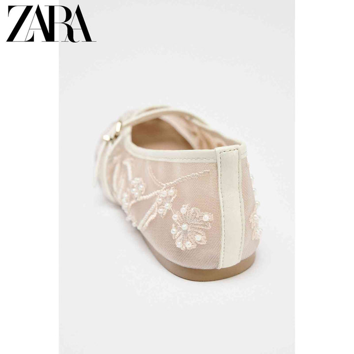 ZARA 2025 women's embroidered mesh ballet flats with pearls, adjustable strap, round toe, white.