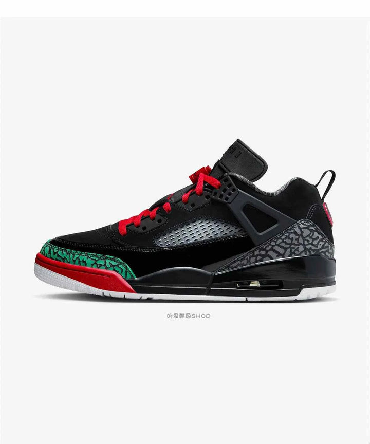 Nike JORDAN SPIZIKE LOW men's shoe in black, classic green, white, varsity red; iconic design with durable leather, synthetic, and textile upper.