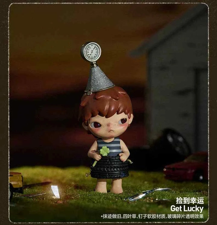 POP MART Hirono Echo Series figurine with whimsical designs, showcasing a character in playful attire and a toy-filled background.
