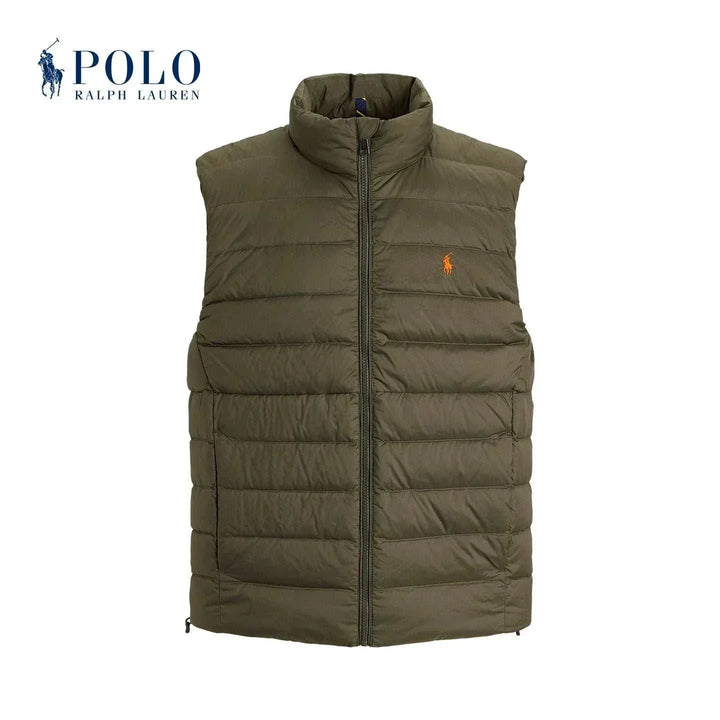 سترة Ralph Lauren بلون زيتوني مع شعار برتقالي مبطنة وخفيفة مقاومة للرياح وذات سحّاب وجيوب مخفية