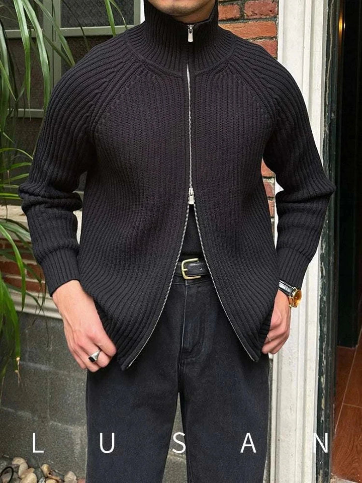 Mr. Lusan cardigan retro slim black ribbed knit with double zipper and high collar