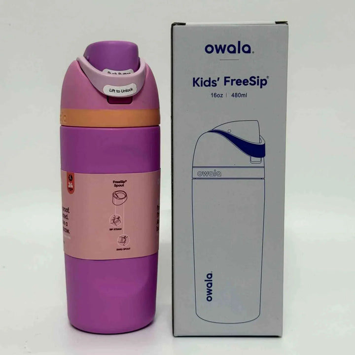 Owala FreeSip kids stainless steel water bottle with dual spout and leak-proof cap, purple design, 480ml capacity.