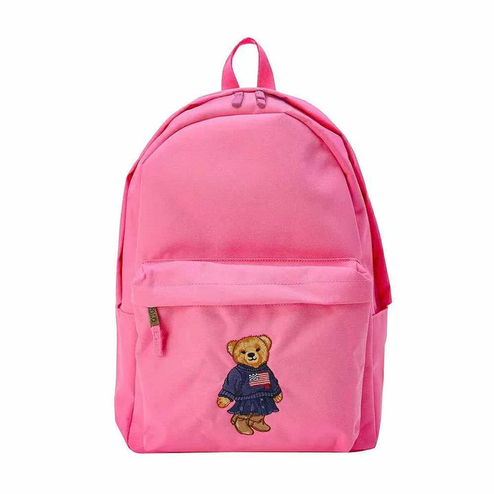 Pink Polo Ralph Lauren backpack with embroidered teddy bear and durable fabric, multiple pockets, and stylish design