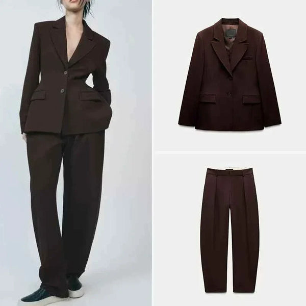 spring of 2025 and American style blazer and matching casual trousers in dark brown spring outfit 2025