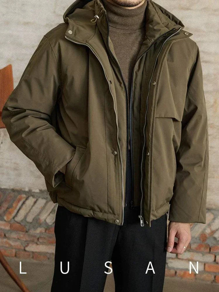 Mr. Lu San's windproof jacket in dark olive with hood and double zipper for warmth and style