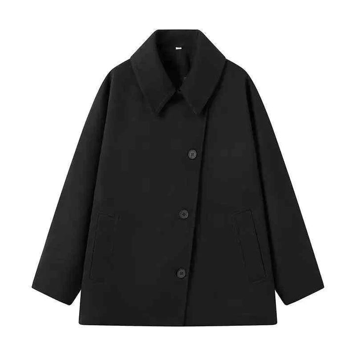 black oversized women's winter coat with front buttons and pockets