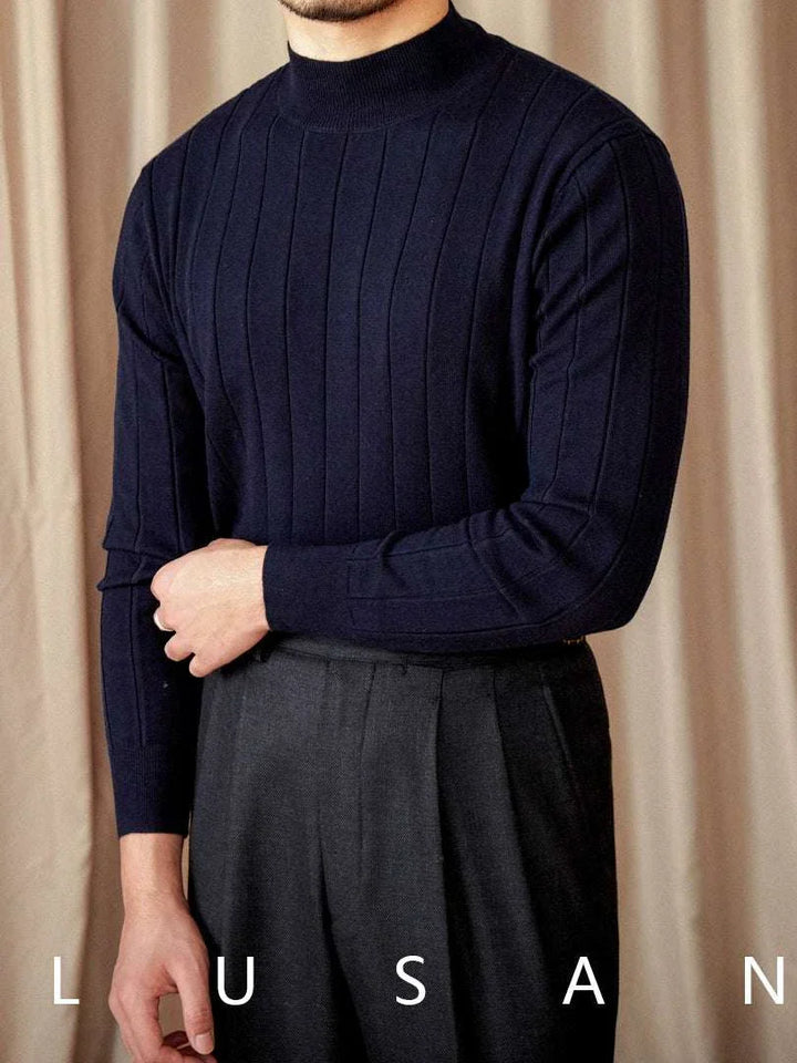 Mr. Lusan pullover slim wool Italian semi-turtleneck sweater in navy blue with vertical ribbing