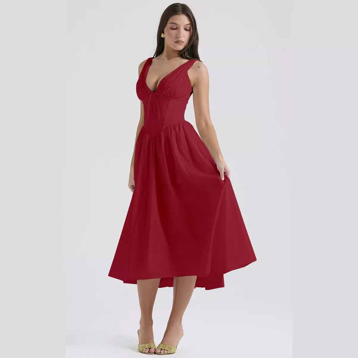 2025 summer slim slip long skirt European fashion print V-neck dress