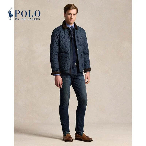 جاكيت رجالي من رالف لورين مبطن بنمط الماس وكحلي مع ياقة قطيفة بنية تصميم فاخر ومقاوم للماء مناسب للارتداء اليومي والمناسبات الذكية