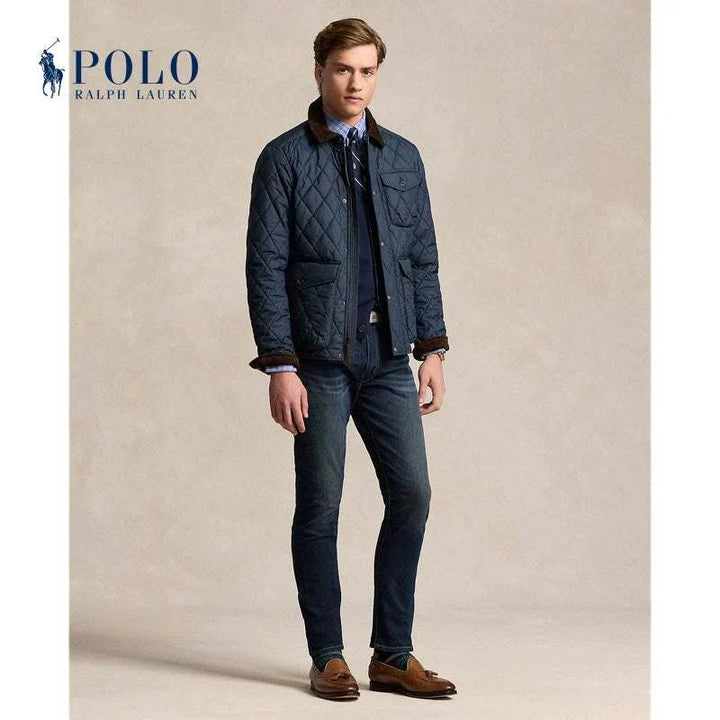 جاكيت رجالي من رالف لورين مبطن بنمط الماس وكحلي مع ياقة قطيفة بنية تصميم فاخر ومقاوم للماء مناسب للارتداء اليومي والمناسبات الذكية