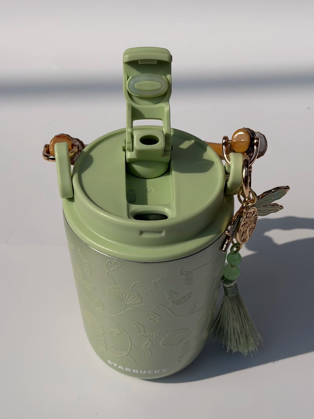 Starbucks cup 2026 spring sequence pattern Chinese green portable bamboo handle double drinking spout stainless steel cup