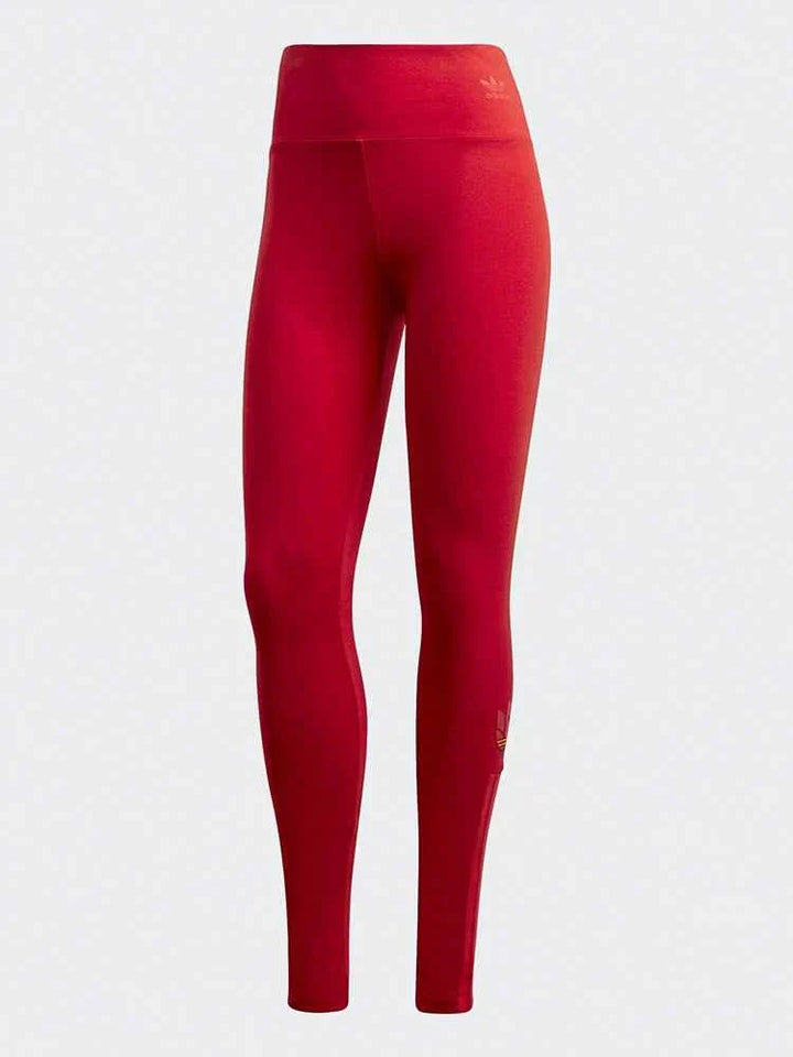 Red Adidas leggings with colorful side stripes and original Adidas logo, flexible and comfortable fit for sports and casual wear