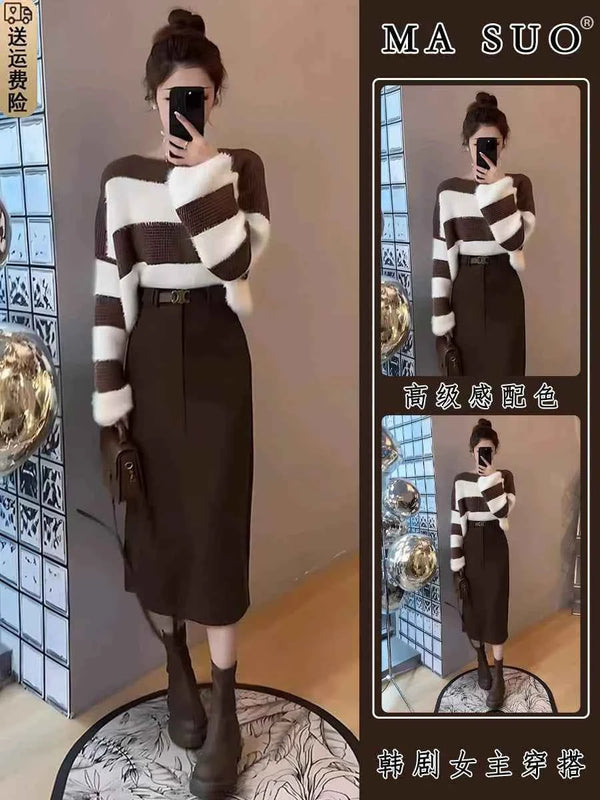 Elegant winter outfit with striped cardigan and midi skirt in brown and white tones, perfect for daily and formal looks.