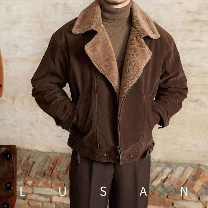 Mr. Lusan English jacket brown shearling collar warm suede jacket for men