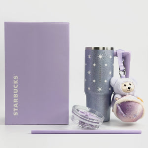 Starbucks Cup 2026 Purple Night Galaxy Series Large Capacity Car Stainless Steel Straw Cup with Bear Pendant