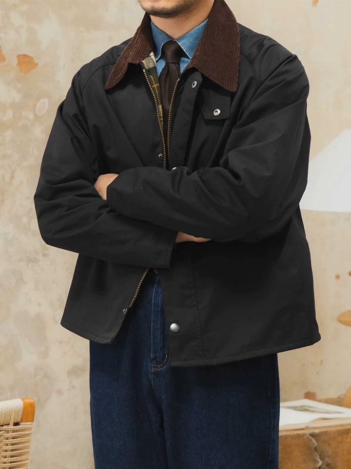 Mr. Lusan Jacket black windproof retro hunting jacket with brown velvet collar and copper zipper